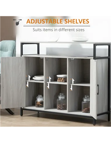 HOMCOM Modern Sideboard, Steel Frame Storage Cabinet with 2 Doors and Adjustable Shelves for Living Room, Hallway, Light Grey