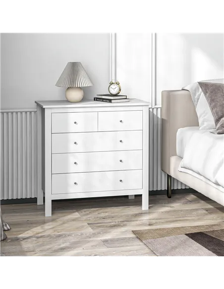 HOMCOM Modern Chest of Drawers, 5 Drawer Storage Cabinet with Metal Handles and Runners for Bedroom, White