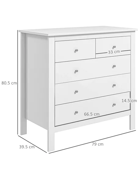 HOMCOM Modern Chest of Drawers, 5 Drawer Storage Cabinet with Metal Handles and Runners for Bedroom, White