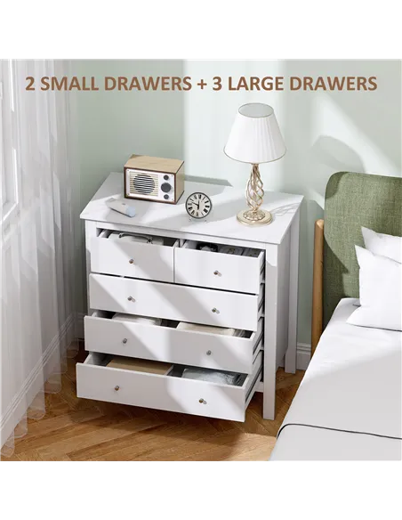 HOMCOM Modern Chest of Drawers, 5 Drawer Storage Cabinet with Metal Handles and Runners for Bedroom, White