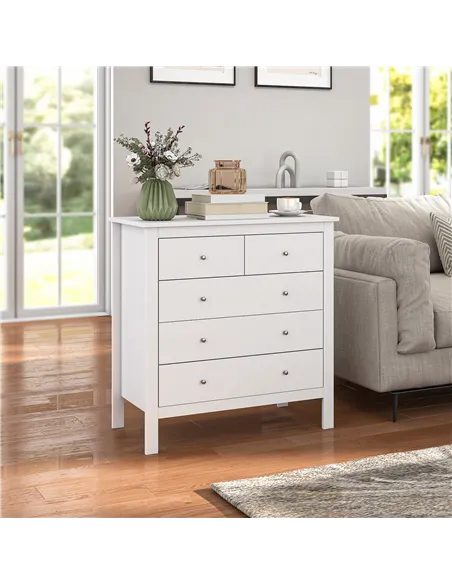 HOMCOM Modern Chest of Drawers, 5 Drawer Storage Cabinet with Metal Handles and Runners for Bedroom, White
