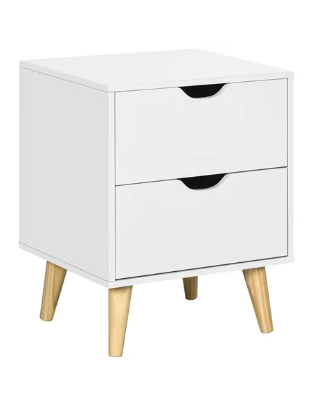 HOMCOM Bedside Table, Bedside Cabinet with 2 Drawers, Side End Table with Pine Wood Legs for Bedroom Living Room, White