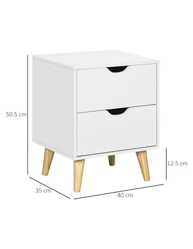 HOMCOM Bedside Table, Bedside Cabinet with 2 Drawers, Side End Table with Pine Wood Legs for Bedroom Living Room, White
