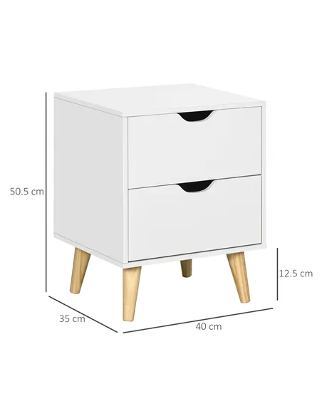 HOMCOM Bedside Table, Bedside Cabinet with 2 Drawers, Side End Table with Pine Wood Legs for Bedroom Living Room, White