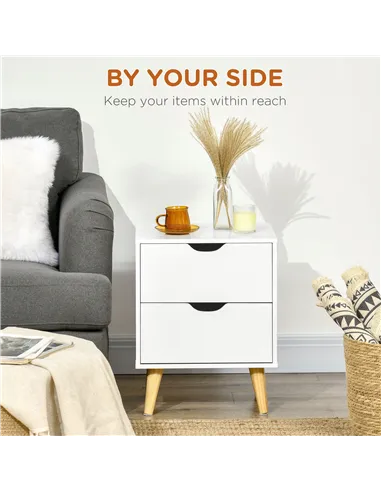 HOMCOM Bedside Table, Bedside Cabinet with 2 Drawers, Side End Table with Pine Wood Legs for Bedroom Living Room, White