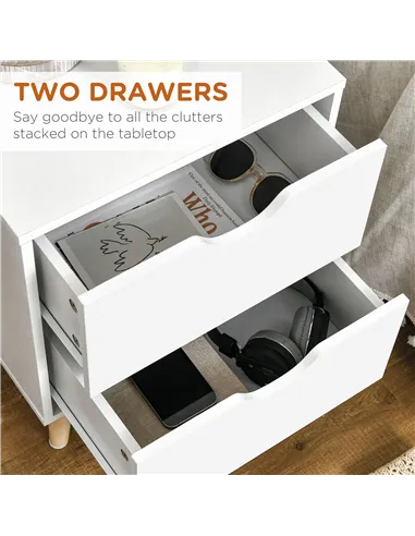 HOMCOM Bedside Table, Bedside Cabinet with 2 Drawers, Side End Table with Pine Wood Legs for Bedroom Living Room, White