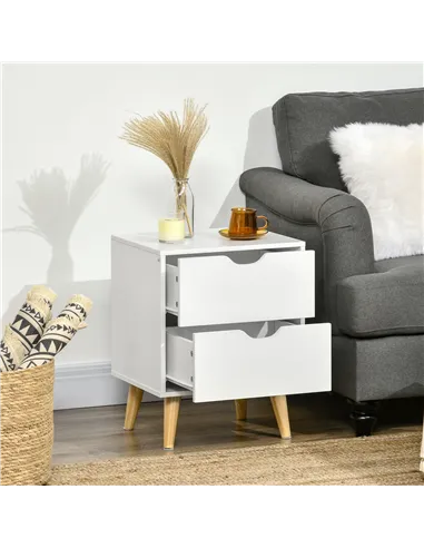HOMCOM Bedside Table, Bedside Cabinet with 2 Drawers, Side End Table with Pine Wood Legs for Bedroom Living Room, White