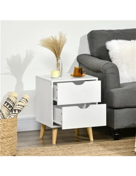 HOMCOM Bedside Table, Bedside Cabinet with 2 Drawers, Side End Table with Pine Wood Legs for Bedroom Living Room, White