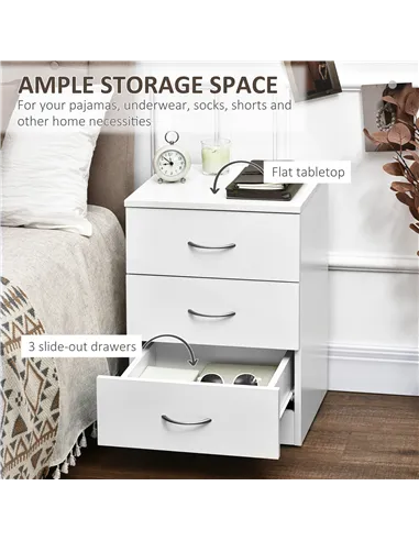 HOMCOM Three-Drawer Simple Bedside Table - White