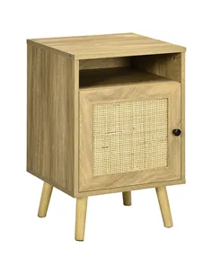 HOMCOM Bedside Table with Rattan Element, Side End Table with Shelf and Cupboard, 39cmx35cmx60cm, Natural