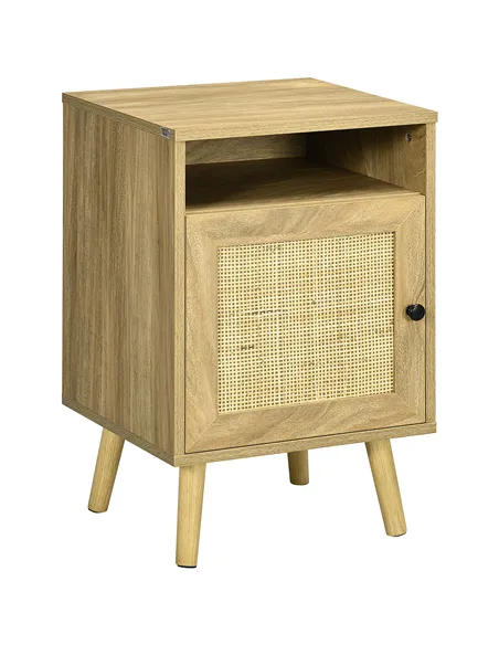 HOMCOM Bedside Table with Rattan Element, Side End Table with Shelf and Cupboard, 39cmx35cmx60cm, Natural