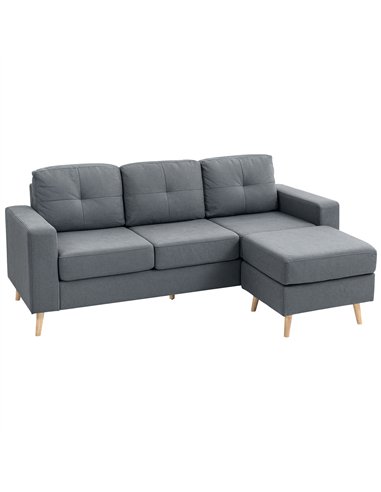 HOMCOM 3 Seater Sofa with Footstool, Fabric L-Shaped Sofa, Sectional Couch with Wood Legs, Tufting Cushioned Back for Small Spac