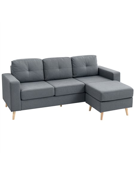 HOMCOM 3 Seater Sofa with Footstool, Fabric L-Shaped Sofa, Sectional Couch with Wood Legs, Tufting Cushioned Back for Small Spac