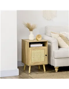 HOMCOM Bedside Table with Rattan Element, Side End Table with Shelf and Cupboard, 39cmx35cmx60cm, Natural 2