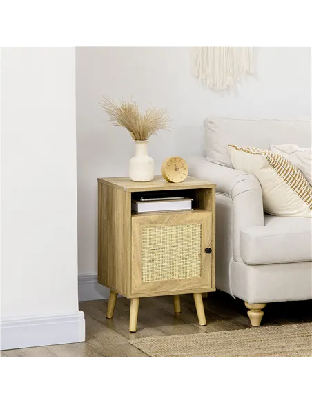 HOMCOM Bedside Table with Rattan Element, Side End Table with Shelf and Cupboard, 39cmx35cmx60cm, Natural