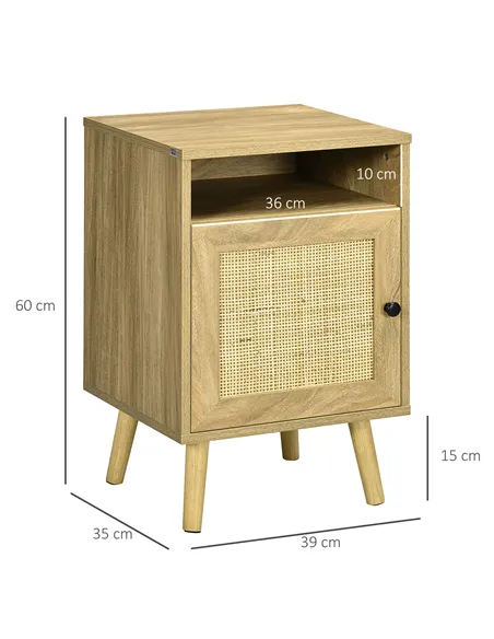 HOMCOM Bedside Table with Rattan Element, Side End Table with Shelf and Cupboard, 39cmx35cmx60cm, Natural