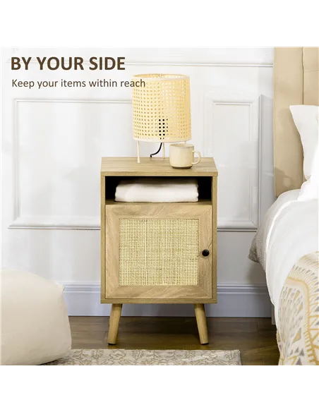 HOMCOM Bedside Table with Rattan Element, Side End Table with Shelf and Cupboard, 39cmx35cmx60cm, Natural