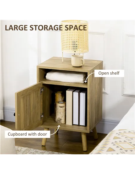 HOMCOM Bedside Table with Rattan Element, Side End Table with Shelf and Cupboard, 39cmx35cmx60cm, Natural