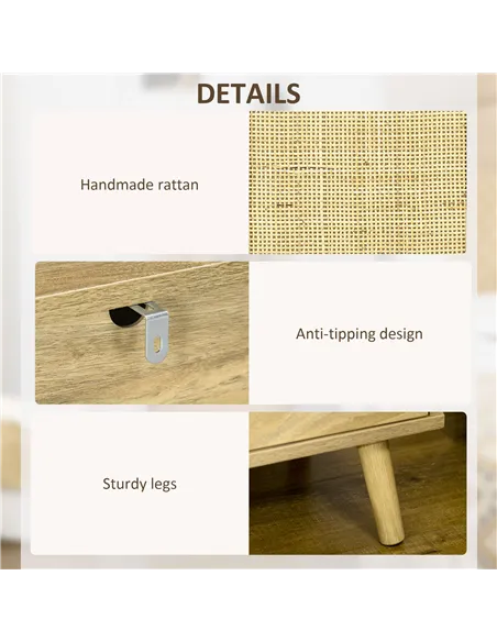 HOMCOM Bedside Table with Rattan Element, Side End Table with Shelf and Cupboard, 39cmx35cmx60cm, Natural