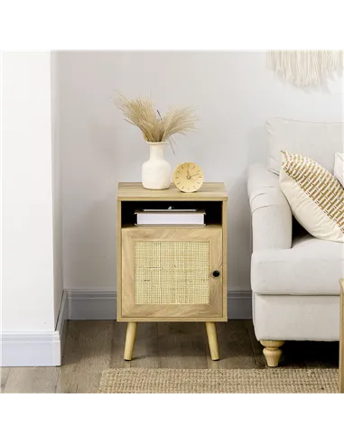 HOMCOM Bedside Table with Rattan Element, Side End Table with Shelf and Cupboard, 39cmx35cmx60cm, Natural