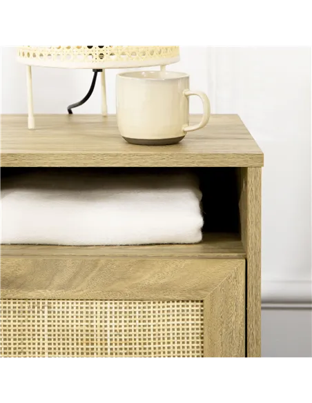 HOMCOM Bedside Table with Rattan Element, Side End Table with Shelf and Cupboard, 39cmx35cmx60cm, Natural