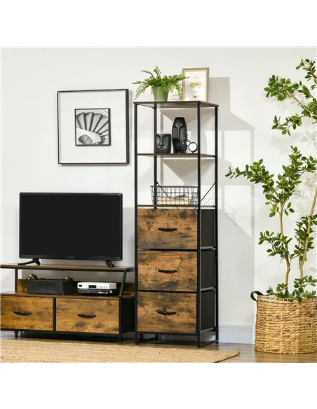 HOMCOM Industrial Storage Cabinet with 2 Open Shelves and 3 Foldable Fabric Drawers, Multifunctional Bookshelf in Living Room, S