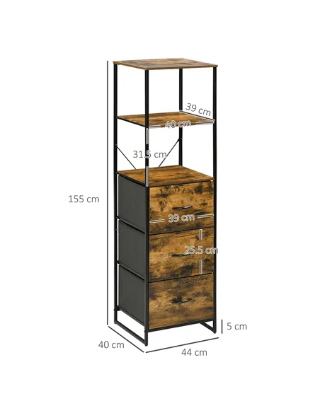 HOMCOM Industrial Storage Cabinet with 2 Open Shelves and 3 Foldable Fabric Drawers, Multifunctional Bookshelf in Living Room, S
