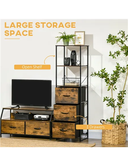 HOMCOM Industrial Storage Cabinet with 2 Open Shelves and 3 Foldable Fabric Drawers, Multifunctional Bookshelf in Living Room, S
