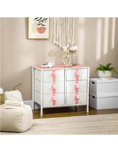 HOMCOM Chest of Drawers, Cloth Organizer Unit with 6 Fabric Drawers, Metal Frame and Wooden Top, Storage Cabinet for Kids Room, 