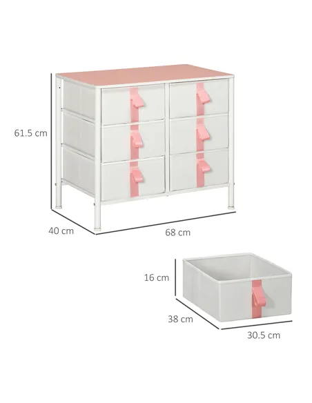 HOMCOM Chest of Drawers, Cloth Organizer Unit with 6 Fabric Drawers, Metal Frame and Wooden Top, Storage Cabinet for Kids Room, 