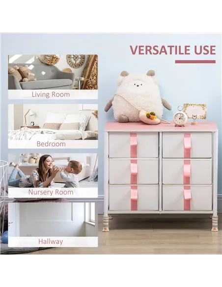 HOMCOM Chest of Drawers, Cloth Organizer Unit with 6 Fabric Drawers, Metal Frame and Wooden Top, Storage Cabinet for Kids Room, 