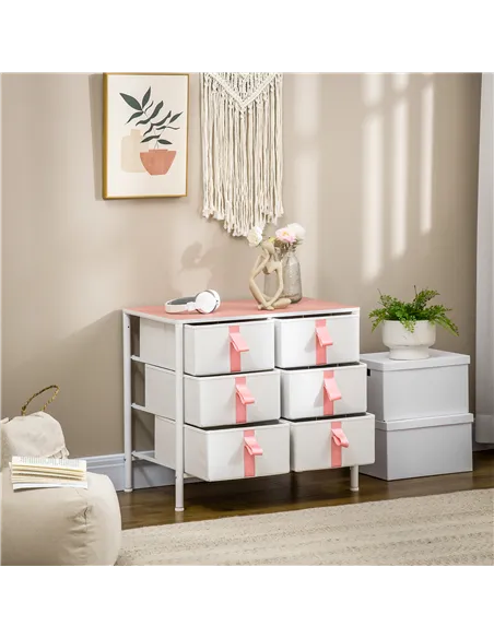 HOMCOM Chest of Drawers, Cloth Organizer Unit with 6 Fabric Drawers, Metal Frame and Wooden Top, Storage Cabinet for Kids Room, 