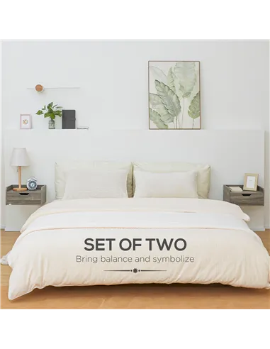 HOMCOM Floating Nightstand Set of 2 Wall Mounted Bedside Table with Storage Drawer for Bedroom, Grey