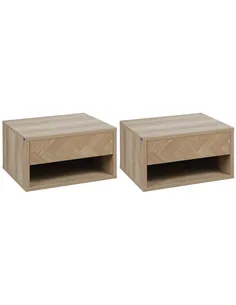 HOMCOM 2 Pieces Bedside Table Wall Mounted Nightstand with Drawer and Shelf for Bedroom, 37 x 32 x 21cm, Natural