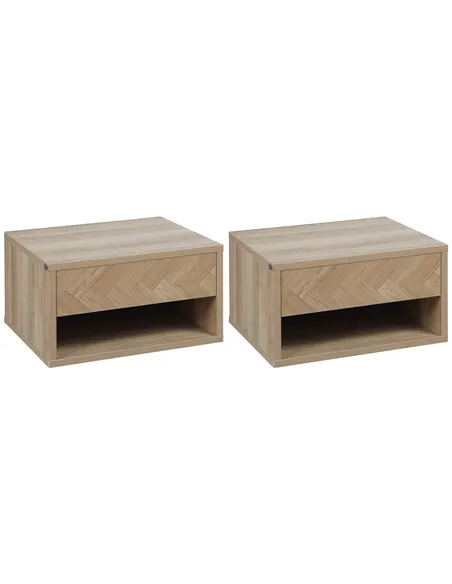 HOMCOM 2 Pieces Bedside Table Wall Mounted Nightstand with Drawer and Shelf for Bedroom, 37 x 32 x 21cm, Natural