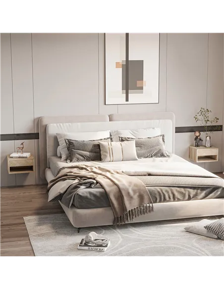 HOMCOM 2 Pieces Bedside Table Wall Mounted Nightstand with Drawer and Shelf for Bedroom, 37 x 32 x 21cm, Natural