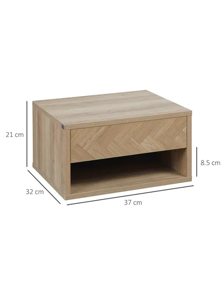 HOMCOM 2 Pieces Bedside Table Wall Mounted Nightstand with Drawer and Shelf for Bedroom, 37 x 32 x 21cm, Natural