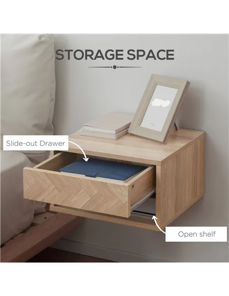 HOMCOM 2 Pieces Bedside Table Wall Mounted Nightstand with Drawer and Shelf for Bedroom, 37 x 32 x 21cm, Natural