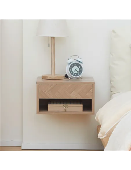 HOMCOM 2 Pieces Bedside Table Wall Mounted Nightstand with Drawer and Shelf for Bedroom, 37 x 32 x 21cm, Natural