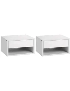 HOMCOM 2 Pieces Bedside Table Wall Mounted Nightstand with Drawer and Shelf for Bedroom, 37 x 32 x 21cm, High Gloss White