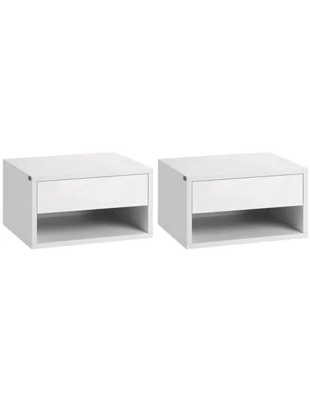 HOMCOM 2 Pieces Bedside Table Wall Mounted Nightstand with Drawer and Shelf for Bedroom, 37 x 32 x 21cm, High Gloss White