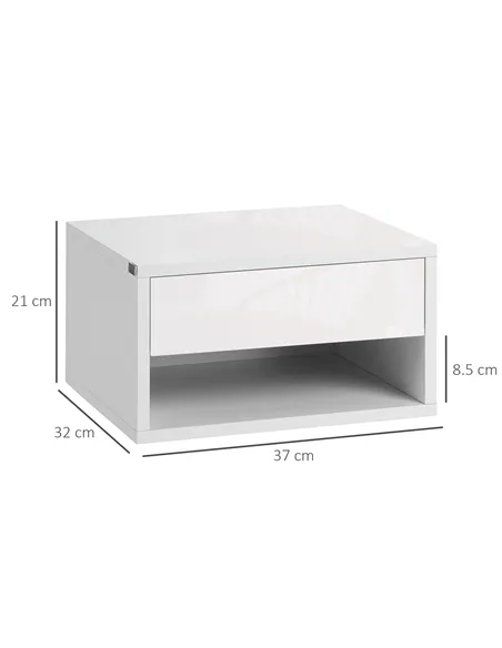 HOMCOM 2 Pieces Bedside Table Wall Mounted Nightstand with Drawer and Shelf for Bedroom, 37 x 32 x 21cm, High Gloss White
