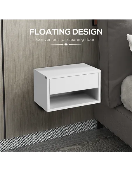 HOMCOM 2 Pieces Bedside Table Wall Mounted Nightstand with Drawer and Shelf for Bedroom, 37 x 32 x 21cm, High Gloss White