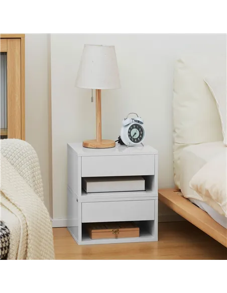 HOMCOM 2 Pieces Bedside Table Wall Mounted Nightstand with Drawer and Shelf for Bedroom, 37 x 32 x 21cm, High Gloss White