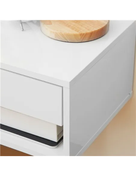 HOMCOM 2 Pieces Bedside Table Wall Mounted Nightstand with Drawer and Shelf for Bedroom, 37 x 32 x 21cm, High Gloss White