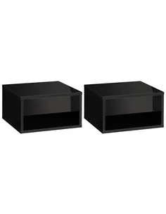 HOMCOM 2 Pieces Bedside Table Wall Mounted Nightstand with Drawer and Shelf for Bedroom, 37 x 32 x 21cm, High Gloss Black