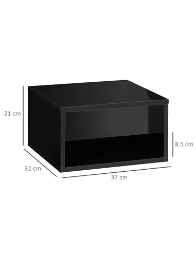 HOMCOM 2 Pieces Bedside Table Wall Mounted Nightstand with Drawer and Shelf for Bedroom, 37 x 32 x 21cm, High Gloss Black