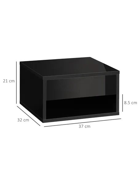 HOMCOM 2 Pieces Bedside Table Wall Mounted Nightstand with Drawer and Shelf for Bedroom, 37 x 32 x 21cm, High Gloss Black