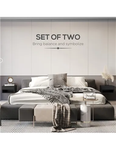 HOMCOM 2 Pieces Bedside Table Wall Mounted Nightstand with Drawer and Shelf for Bedroom, 37 x 32 x 21cm, High Gloss Black