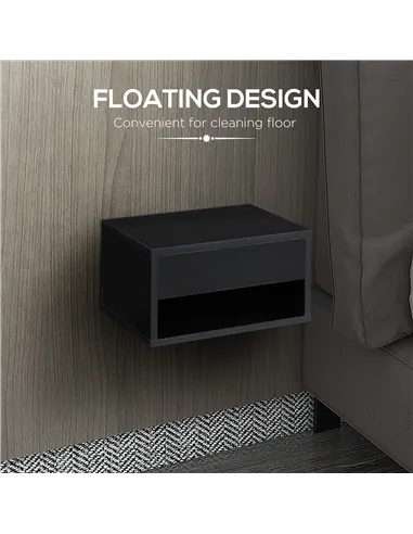 HOMCOM 2 Pieces Bedside Table Wall Mounted Nightstand with Drawer and Shelf for Bedroom, 37 x 32 x 21cm, High Gloss Black